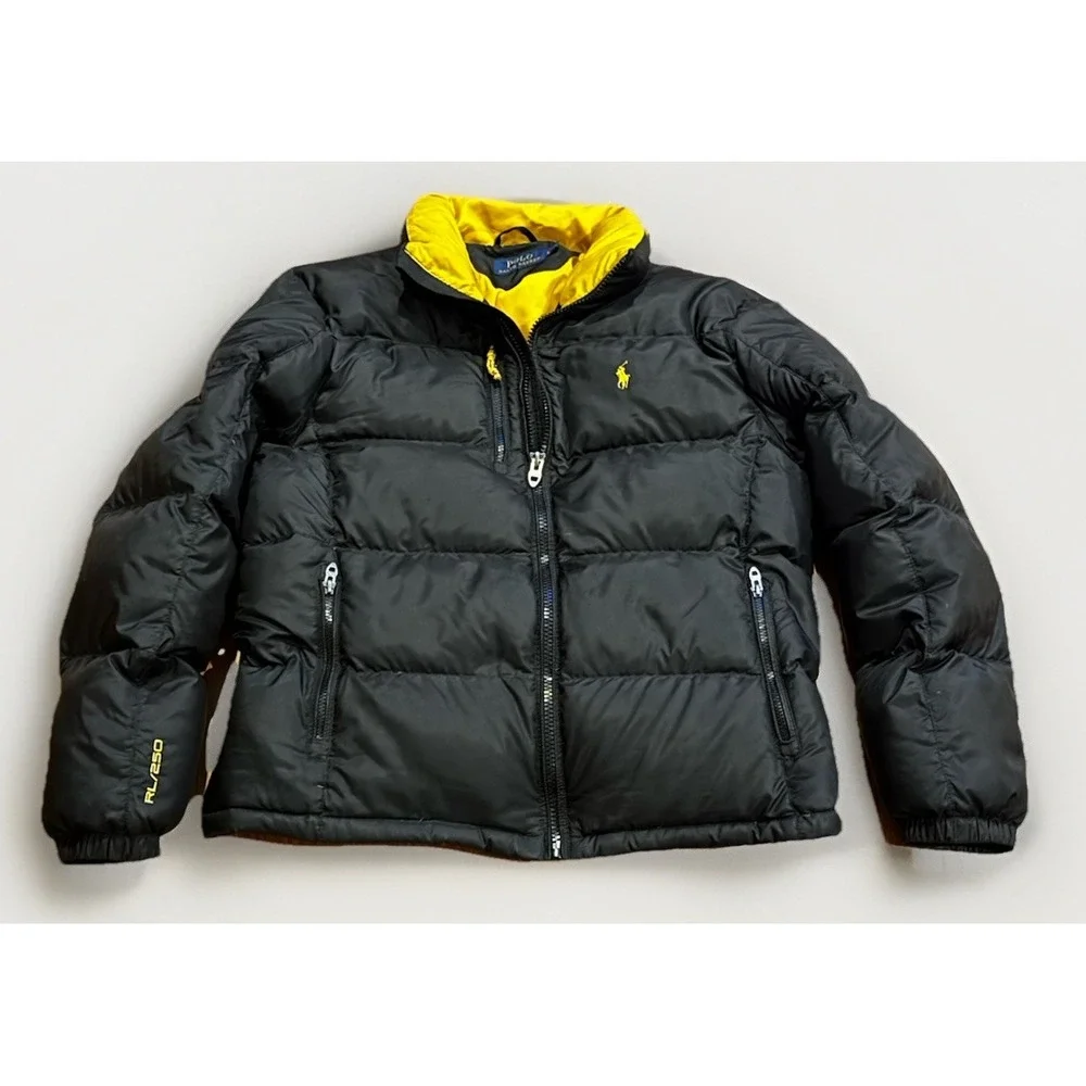 Polo Ralph Lauren Down Puffer Jacket 250 Black Yellow Men L Talon Sportsman RRL